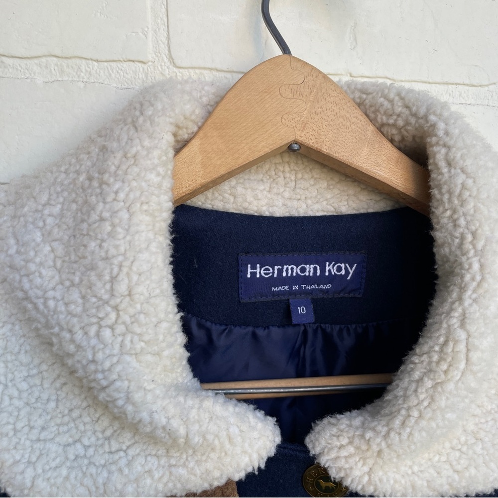 Vintage Wool Blend Navy Coat with Cream Collar longer style - Picture 3 of 13